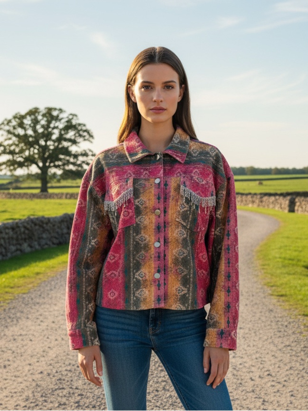 Eye-catching statement jacket with a bold Southwestern-inspired patterns